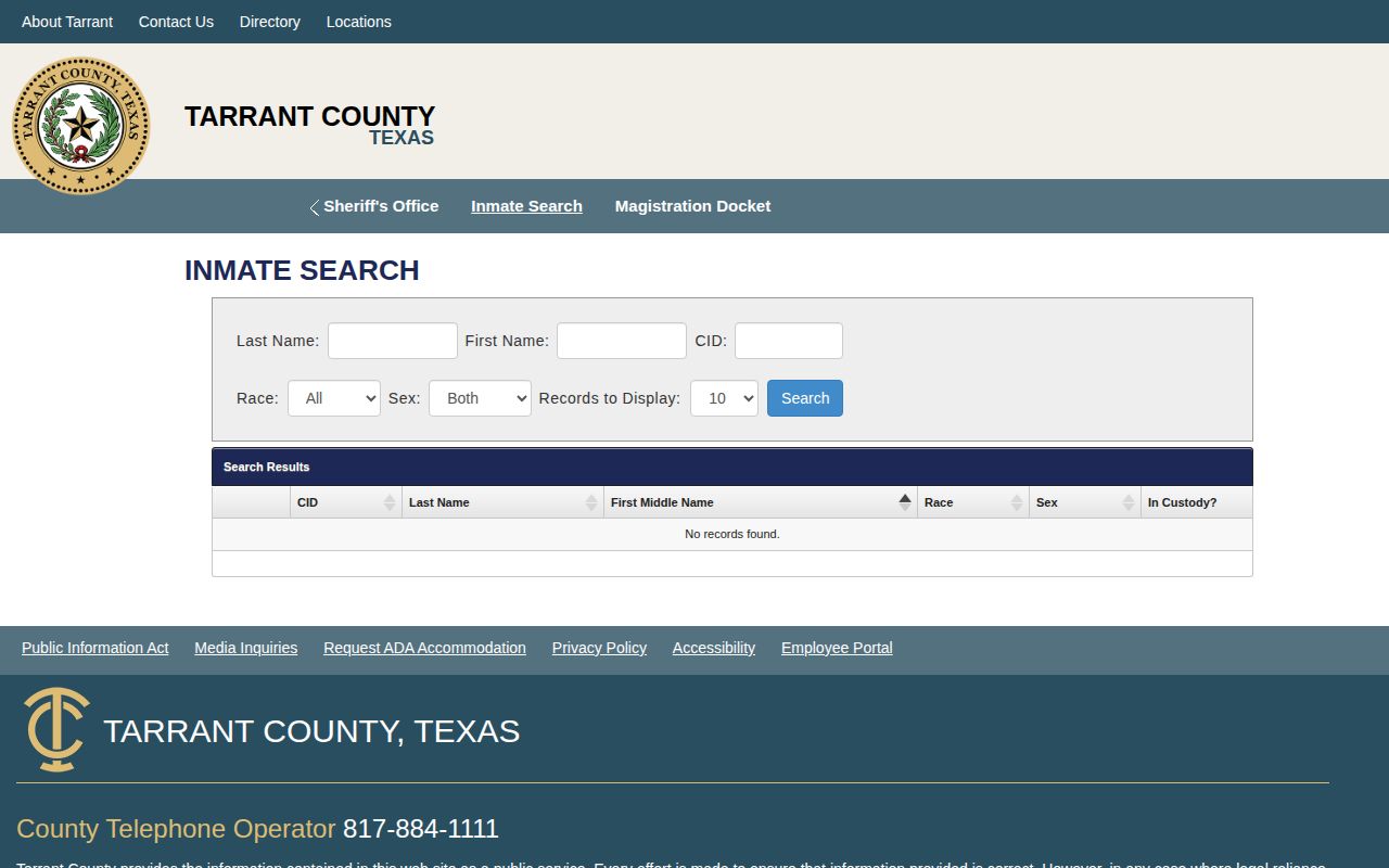 Tarrant County released inmate mugshot and booking record search application