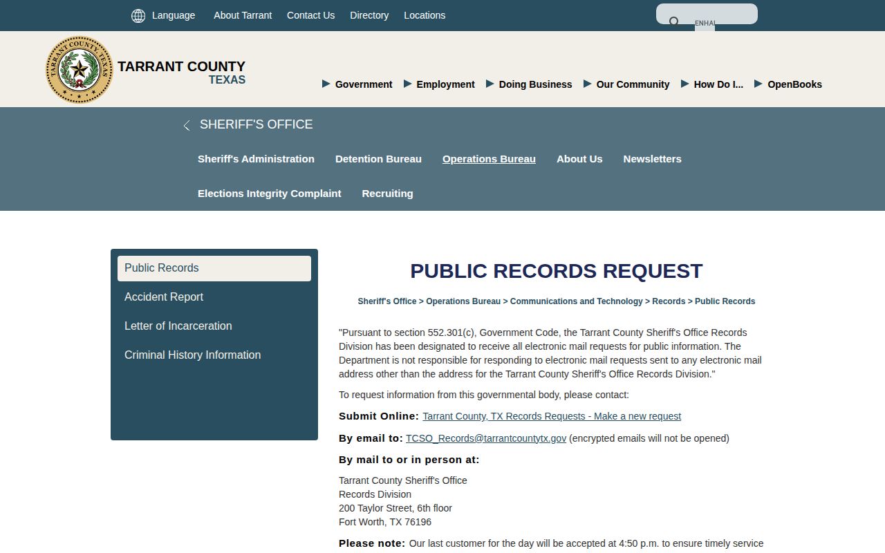 Tarrant County released inmate mugshot public records request page