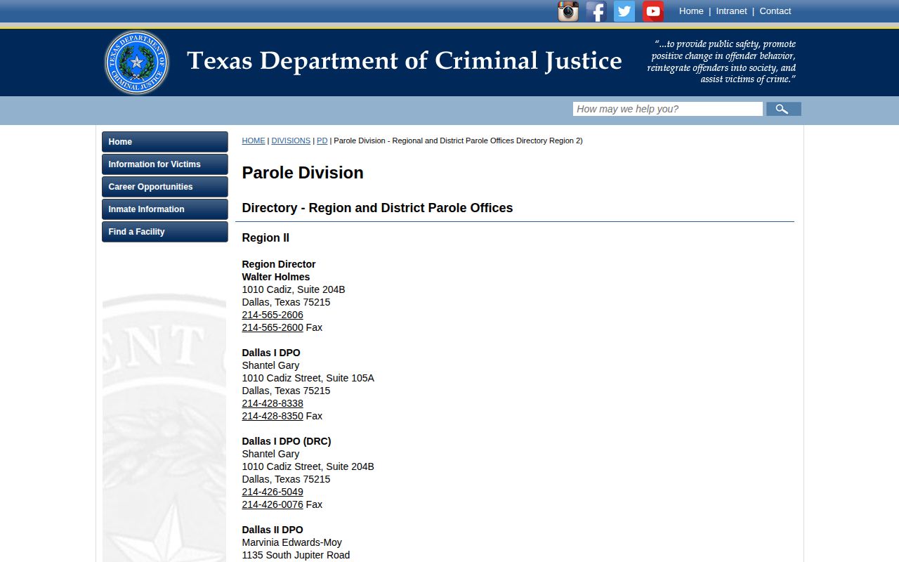 Tarrant County parole and probation office routing in the TDCJ Region II directory